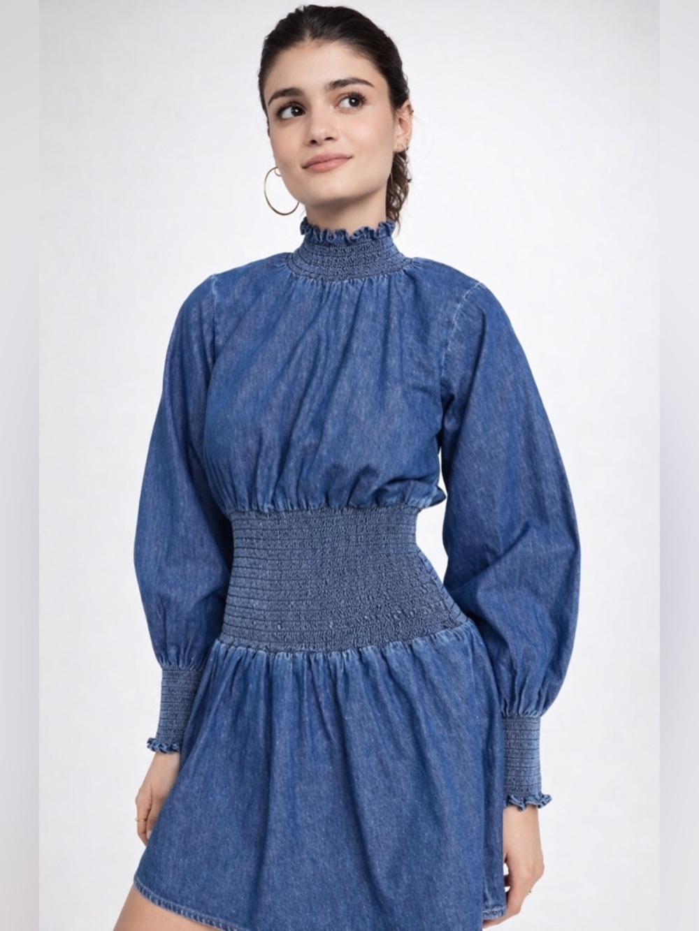 Something Navy Smocked Denim Mini in blue - small nwt